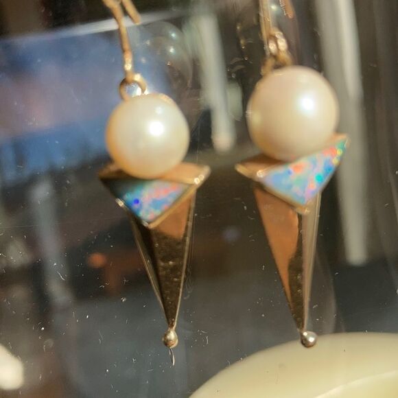 Vintage Gold Earrings Genuine 14K Gold Real Pearl Genuine Opal Artisan Earrings - Picture 15 of 16